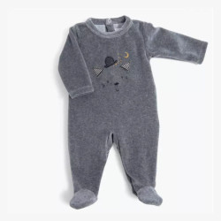 Pyjama gris, en velours, chiné tête de chat en taille 3 mois-detail